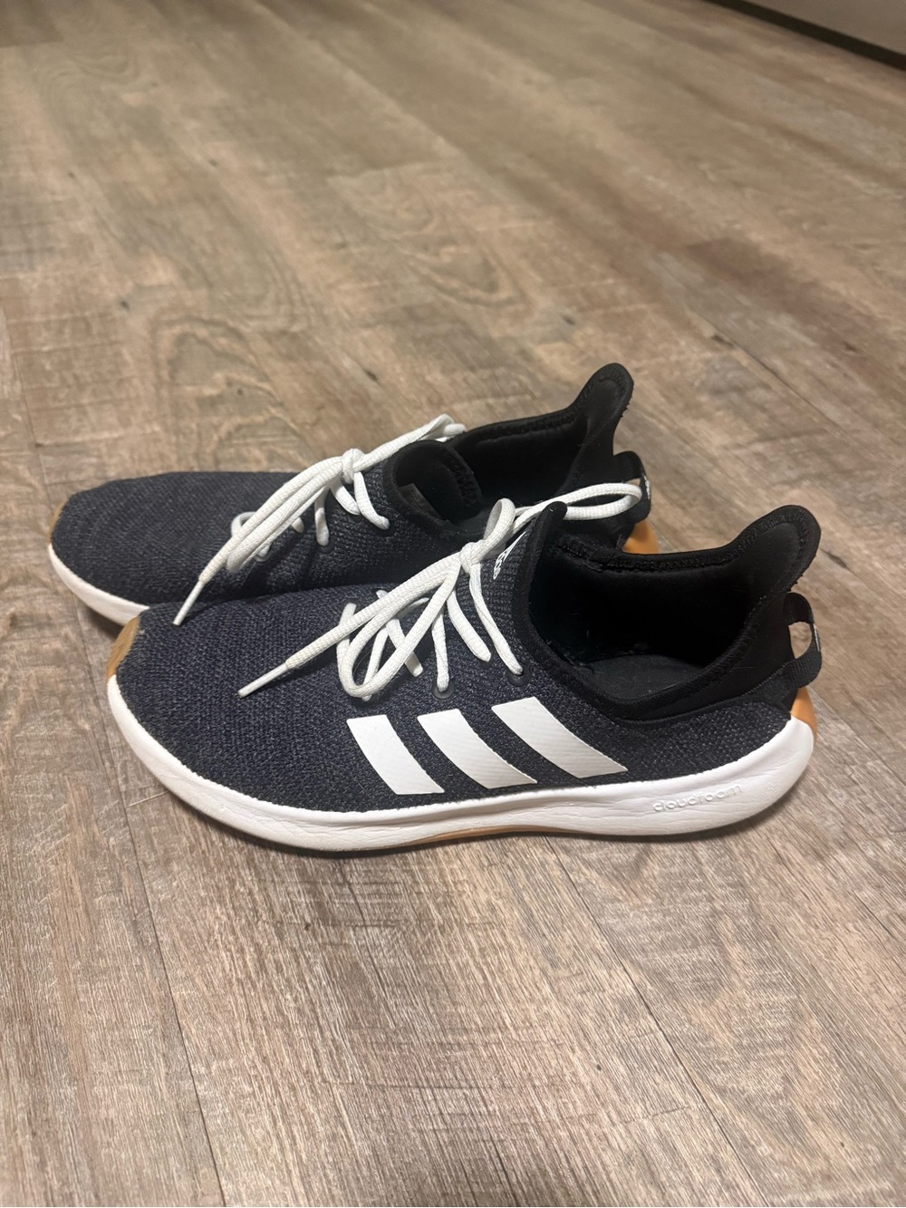 adidas  Cloudform Black and White Knit Runners with Tan Heel Accent